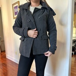 YMI Womens Gray Long Sleeve Button Front Hooded Front Pocket Pea Coat Size M